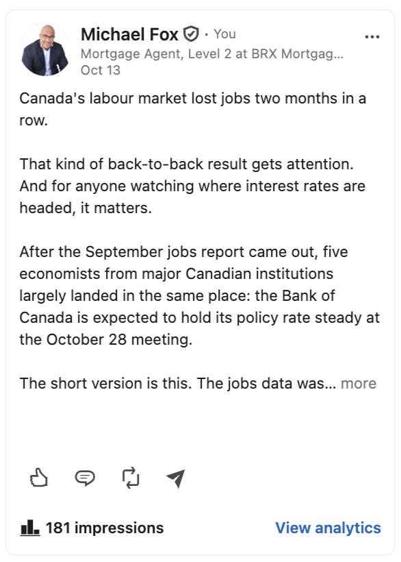 Michael Fox’s LinkedIn text post about Canada’s jobs report and what it could mean for interest rates.